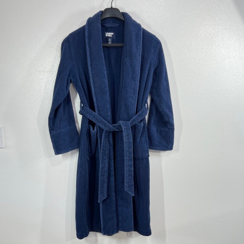 Lands' End Women's Medium Turkish Cotton Terry Cloth Spa Bath Robe Navy Blue